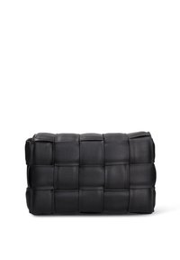 Pochette in pelle intrecciata nera con forma rettangolare, caratterizzata da un motivo a griglia e una texture liscia, progettata per una conservazione elegante.