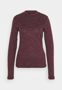 Pull à manches longues en bordeaux, fabriqué dans un tissu tricoté texturé, avec un col rond et une silhouette ajustée.