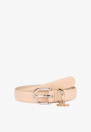 Beigen värinen nahkavyö, joka on kierretty ja siinä on pyöreä hopeinen solki sekä pieni kultainen koru lähellä solkea.