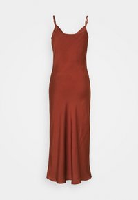 Vestido maxi sin mangas de color rojo óxido, hecho de una tela suave, con un corsé ajustado, una falda fluida y tirantes delgados ajustables.