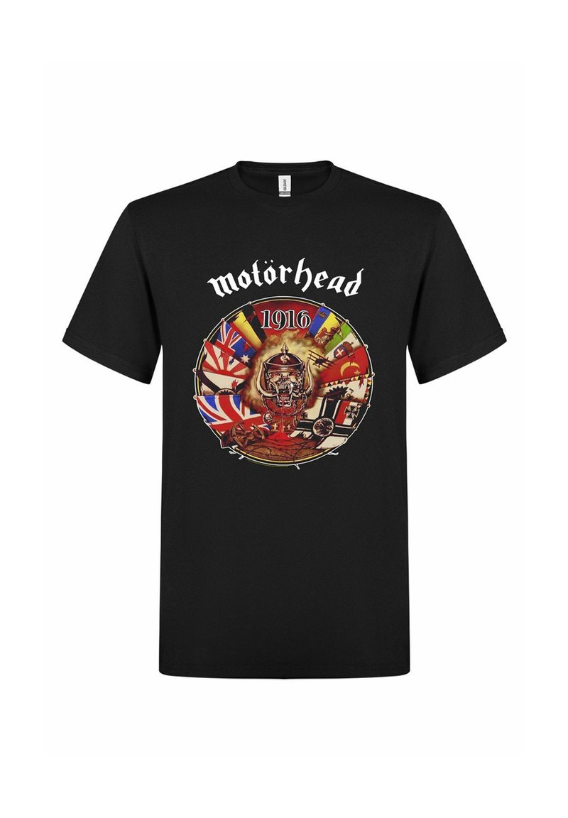 Svart bomull t-skjorte med et fargerikt grafisk design som viser flagg og et hodeskalle, merket "Motörhead 1916" i fet hvit tekst.
