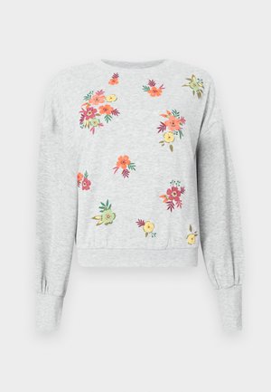 Grauer Sweatshirt mit langen Ärmeln und gerippten Bündchen, verziert mit buntem Blumenstickerei, die über die Vorder- und Rückseite verteilt ist.