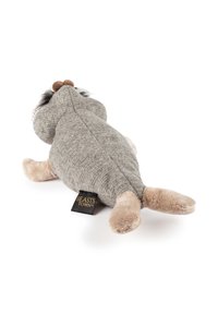 Plush toy seal with a gray textured body and beige flipper-like limbs. Features round brown nose and black whiskers. Tag with "BEASTS TOWN."