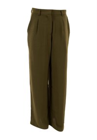 Pantaloni larghi verde oliva realizzati in tessuto leggero, con pieghe sulla parte frontale e una vestibilità classica in vita.