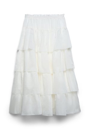 Jupe midi blanche à volants superposés avec taille élastique, présentant plusieurs couches horizontales volantées et un design fluide.