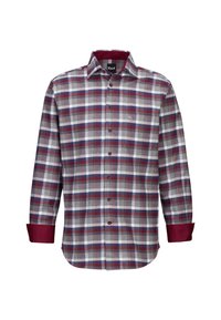 Camicia con apertura frontale a placca in grigio, rosso e blu navy a quadri, con un accento borgogna sui polsini. Presenta bottoni e colletto a punta.