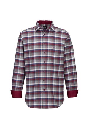Camicia con apertura frontale a placca in grigio, rosso e blu navy a quadri, con un accento borgogna sui polsini. Presenta bottoni e colletto a punta.