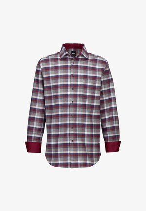 Langarm-Hemd mit Knöpfen im Karomuster in Grau, Weiß, Rot und Blau, mit kontrastierendem bordeauxrotem Kragenfutter und Manschetten.