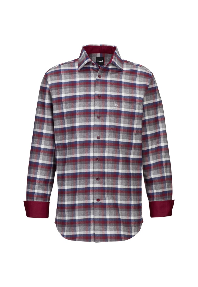 Camicia con apertura frontale a placca in grigio, rosso e blu navy a quadri, con un accento borgogna sui polsini. Presenta bottoni e colletto a punta.