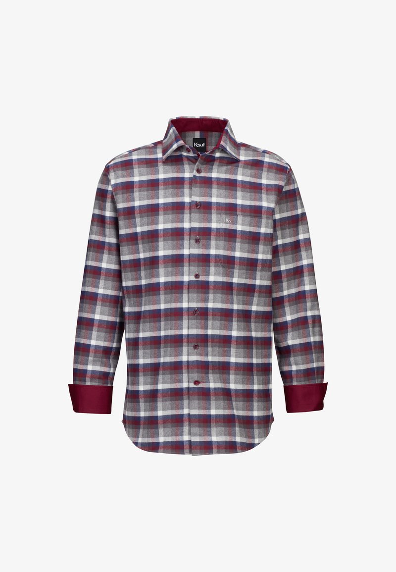 Camicia con apertura frontale a placca in grigio, rosso e blu navy a quadri, con un accento borgogna sui polsini. Presenta bottoni e colletto a punta.