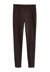 Bruine corduroybroek met een verticale ribbeltextuur, met een rechte pijpdesign en zonder zichtbare sluitingen of zakken.