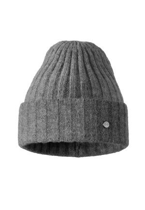 Gray knit beanie hat with vertical ribbed texture, featuring a folded brim and a small logo accent on the side. Soft wool material.