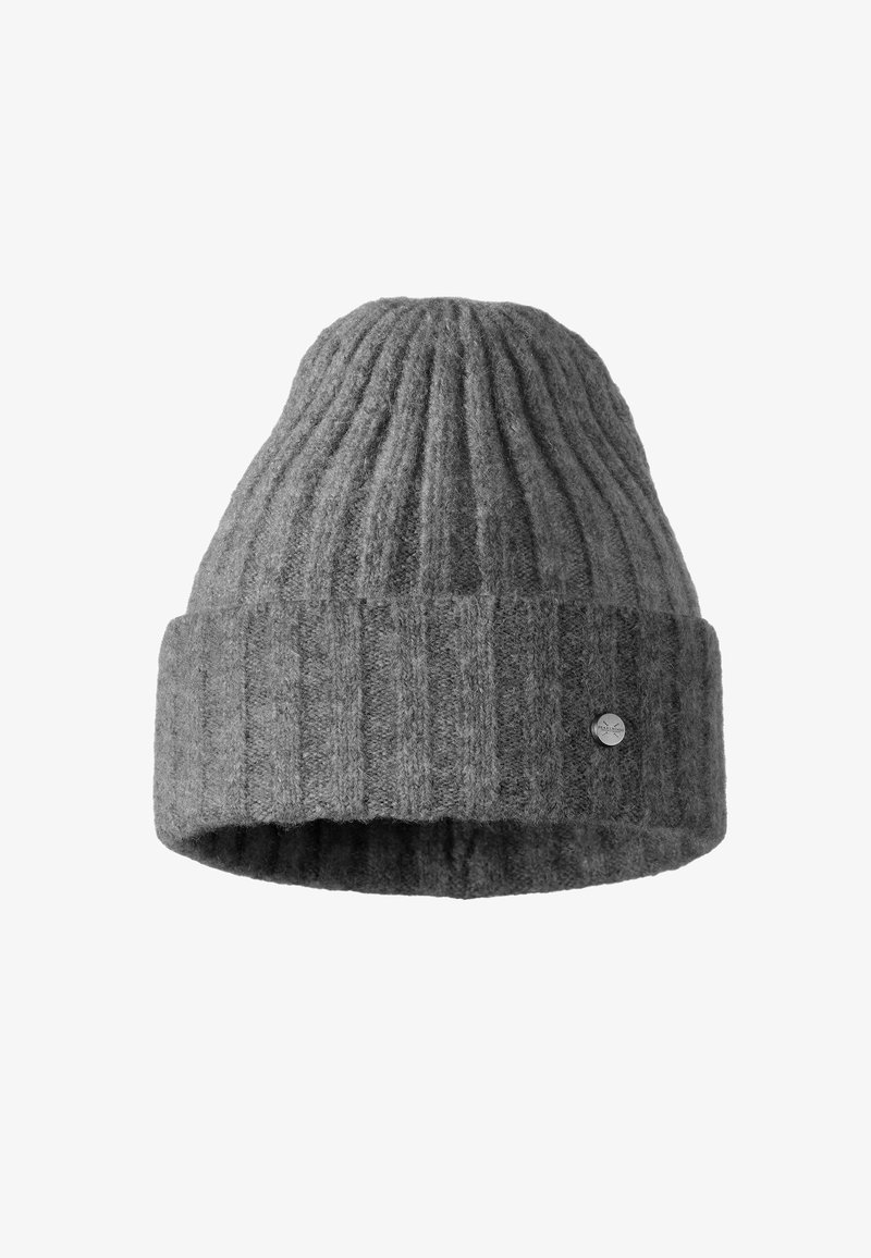 Šedá pletená čepice s vertikální žebrovanou texturou, se sklopeným okrajem a malým logem na boku. Měkký vlněný materiál.