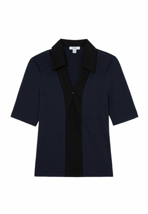 Granatowy krótki top z czarnym kołnierzem i pionowym czarnym paskiem z suwakiem z przodu.