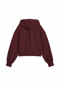 Burgundy cropped hoodie lavet af blødt stof, med en hætte, sænkede skuldre og elastiske manchetter for en afslappet pasform.