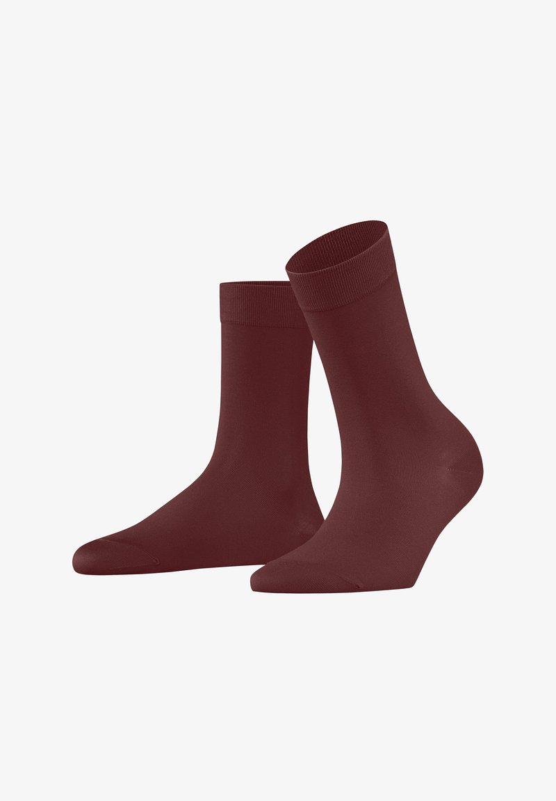 Burgundy ankle socks with a ribbed cuff, smooth texture, and standard sock shape, featuring a reinforced toe and heel.