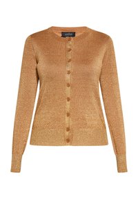 Goldfarbener, metallisch wirkender Strickcardigan mit Rundhalsausschnitt, langen Ärmeln und sieben braunen Knopfverschluss vorne. Weicher Stoff.