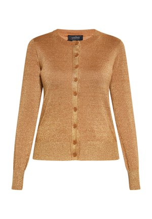 Złoty, metaliczny kardigan z dzianiny, z okrągłym dekoltem, długimi rękawami i siedmioma brązowymi guzikami zapinanymi z przodu. Miękka tekstura.