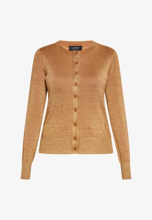 Guldmetallic strikcardigan med rund halsudskæring, lange ærmer og syv brune knaplukninger foran. Blød tekstur.