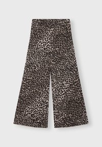Pantalons larges en imprimé léopard en tissu doux ; dotés d'une taille haute et d'une coupe ample ; les couleurs dominantes sont le beige et le noir.
