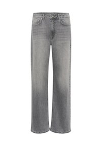 Jeans grigi larghi in denim con un lavaggio sbiadito. Presenta tasche anteriori e una chiusura con bottone in vita. Orlo pulito.