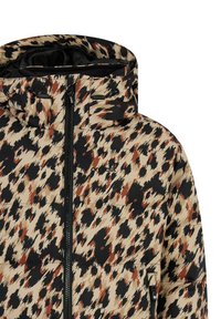 Jacke mit Polsterung in einem abstrakten Leopardenmuster in Beige, Schwarz und Braun; verfügt über eine Kapuze, einen Reißverschluss und zwei mit Reißverschluss verschließbare Taschen.