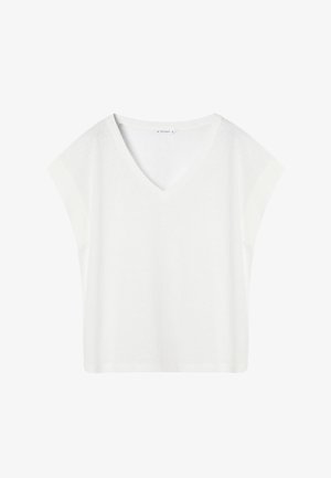 T-shirt blanc en coton à manches courtes, col en V, coupe décontractée, sans motifs ni logos visibles.