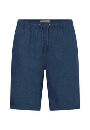 Granatowe spodenki kąpielowe wykonane z lekkiego materiału, z elastycznym pasem na gumce i sznurkiem oraz prostym krojem nogawek.