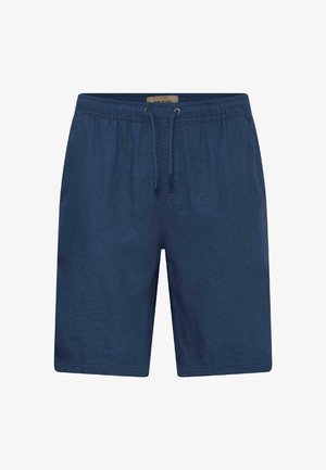 Granatowe spodenki kąpielowe wykonane z lekkiego materiału, z elastycznym pasem na gumce i sznurkiem oraz prostym krojem nogawek.