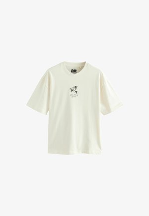 Cremefarbenes Baumwoll-T-Shirt mit kurzen Ärmeln und rundem Halsausschnitt. Mit einem schwarzen floralen Grafikdesign in der Mitte.