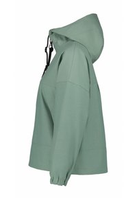 Mintgrüner Kapuzenjacke mit lockerem Schnitt, gerafften elastischen Bündchen und verstellbarem Kordelzug am Hals. Glatte, matte Textur.