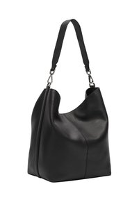 Schwarze Leder-Hobo-Tasche mit weichem, geschwungenem Design, verstellbarem Tragegurt und dezenten Nähdetails an einer Seite.