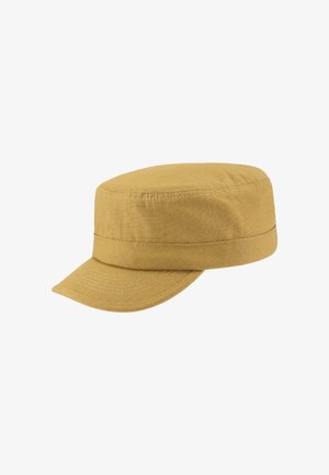 Svetlohnedá čiapka s plochým vrchom, krátkym zahnutým šiltom a viditeľným prešitím, vyrobená z textúrovanej látky.