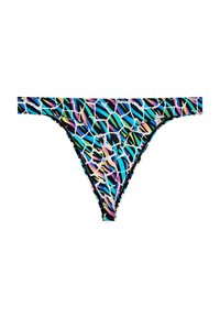 Mehrfarbige Tangawäsche mit abstraktem geometrischem Muster in Schwarz, Weiß, Blau, Pink, Grün und Gelb auf einem schlichten weißen Hintergrund.