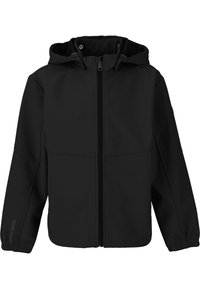 Veste softshell noire avec fermeture éclair à l'avant, capuche réglable, poignets élastiques et coutures pour un ajustement amélioré. Texture lisse, matériau durable.