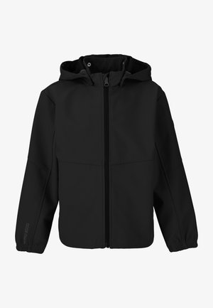 Black softshell jacket with a zip front, adjustable hood, elastic cuffs, and seams for enhanced fit. Smooth texture, durable material.