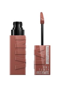 Couleur à lèvres Maybelline Superstay Vinyl Ink dans un tube mauve, avec un applicateur noir doté d'une pointe douce et duveteuse pour une application précise.
