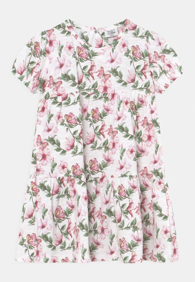 Robe blanche à manches courtes pour fille avec motif de papillons roses et jaunes et fleurs roses, col rond et jupes froncées à volants.