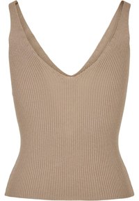 Beige geribbelde tanktop met een diepe V-hals en een slim fit. Gemaakt van textuurstof, met smalle bandjes en een naadloze afwerking.