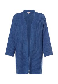 Otevřený kardigan v tmavě modrém odstínu. Vyrobený z texturovaného pleteného materiálu, s tříčtvrtečními rukávy a volným střihem.