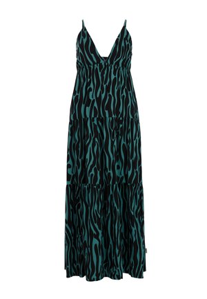 Robe longue sans manches avec un col en V profond, taille élastique et jupe à volants dans un motif abstrait zébré bleu-vert et noir.
