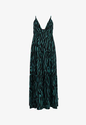 Robe longue sans manches avec un col en V profond, taille élastique et jupe à volants dans un motif abstrait zébré bleu-vert et noir.