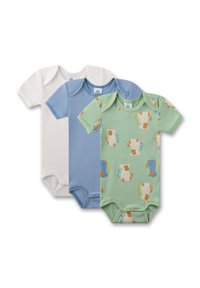 Drei Kurzarm-Bodysuits: wei ß, hellblau, grün mit verspieltem Affendruck. Aus weicher Baumwolle, mit Druckknöpfen im Schritt.