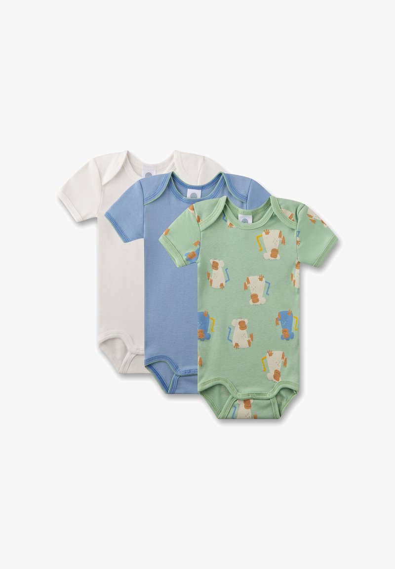 Drei Kurzarm-Bodysuits: weiß, hellblau, grün mit verspieltem Affendruck. Aus weicher Baumwolle, mit Druckknöpfen im Schritt.