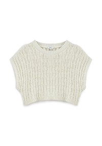 Krajkový crop top v off-white. Má kulatý výstřih, krátké rukávy a texturovaný, otevřený vzor. Měkký, lehký materiál.
