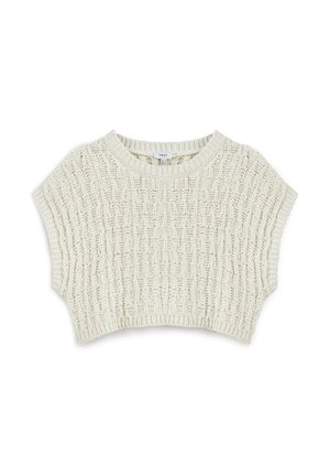 Top corto de ganchillo en blanco roto. Cuenta con un escote redondo, mangas cortas y un patrón abierto texturizado. Material suave y ligero.