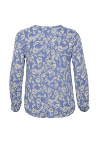 Langärmliges Hemd aus hellblauem Stoff mit einem cremefarbenen Blumenmuster, Rundhalsausschnitt und gerafften Manschetten mit einer Faltenrücken-Detail.