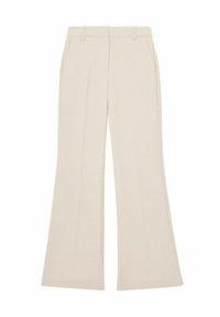 Béžové nohavice s širokými nohavicami a hladkou textúrou, vybavené prednými vreckami a priliehavým strihom. Pás obsahuje slučky na opasok.