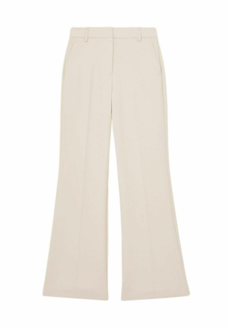 Béžové nohavice s širokými nohavicami a hladkou textúrou, vybavené prednými vreckami a priliehavým strihom. Pás obsahuje slučky na opasok.