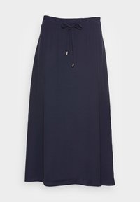 Navy blue maxi skirt with a drawstring tie at the waist, featuring a smooth texture and loose, flowing design. No patterns or hardware details.